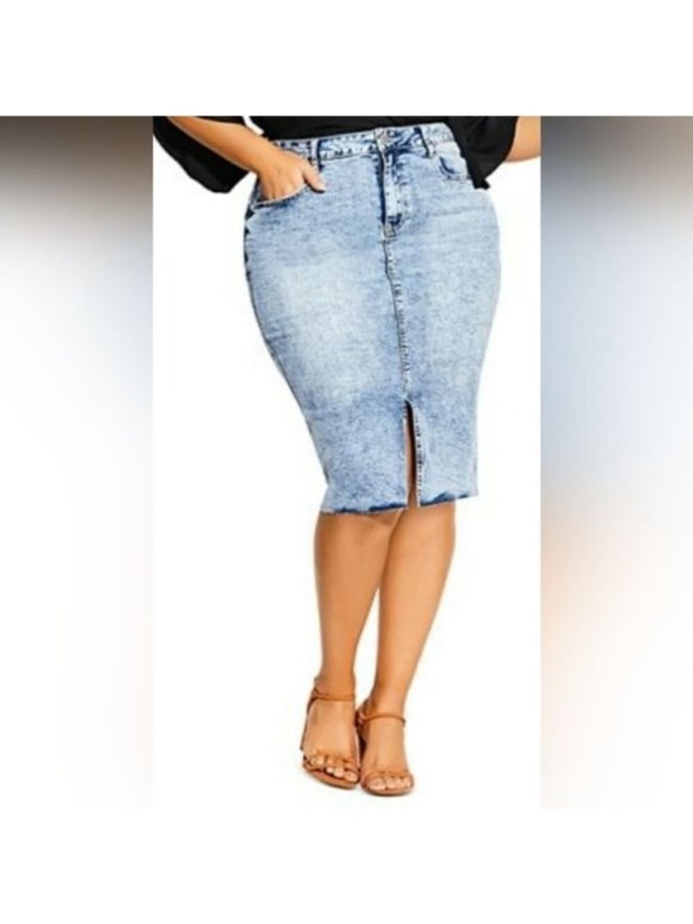 City Chic Denim Pencil Knee Length Skirt Light Wash Fading Pockets Size 22W NWT